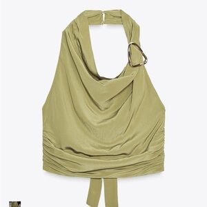 Zara Olive Green Halter Blouse with Metal Accent Brand New with Tags